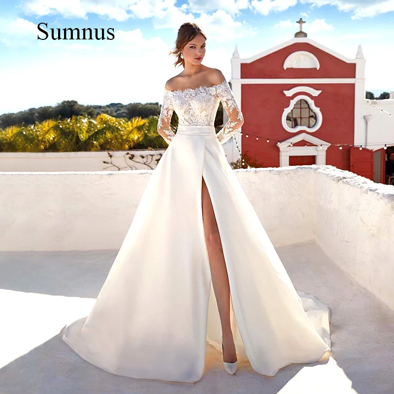 

Sumnus High Slit Wedding Dress Long Sleeve Boat Neck A Line Bridal Gown Lace Appliques Boho Wedding Gowns Vestidos de Novia