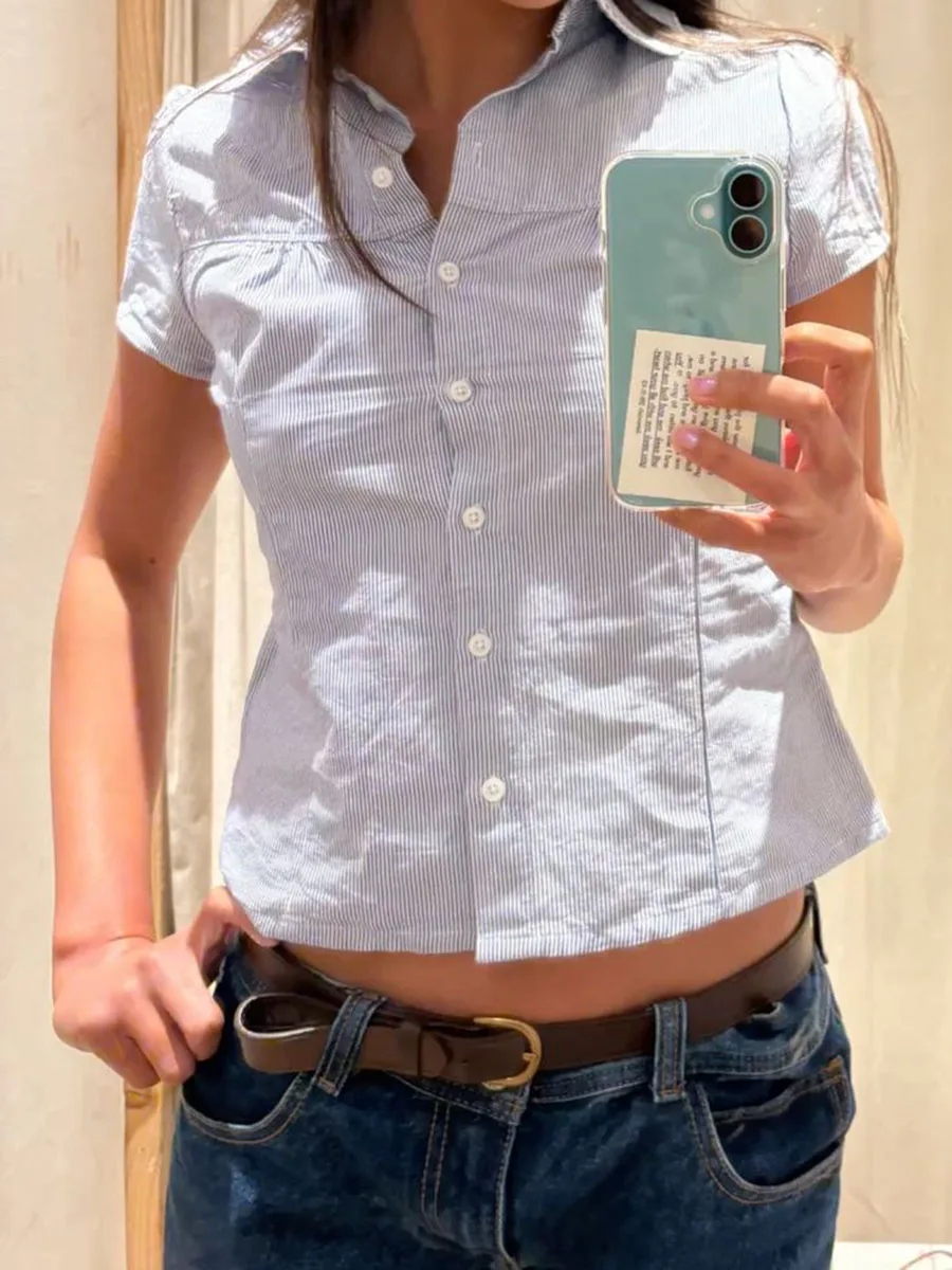 

Red Striped Short Sleeve Blouse Women Lace Trim Peter Pan Collar Single Breasted Blouses Sweet Chic Preppy Style Shirt Top New