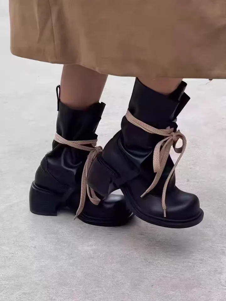 

Black Chunky Heel Leather Lace up Mid Calf Boots Women's Vintage Soft Round Toe Booties Chic Luxury Designer Cool Punk Shoes