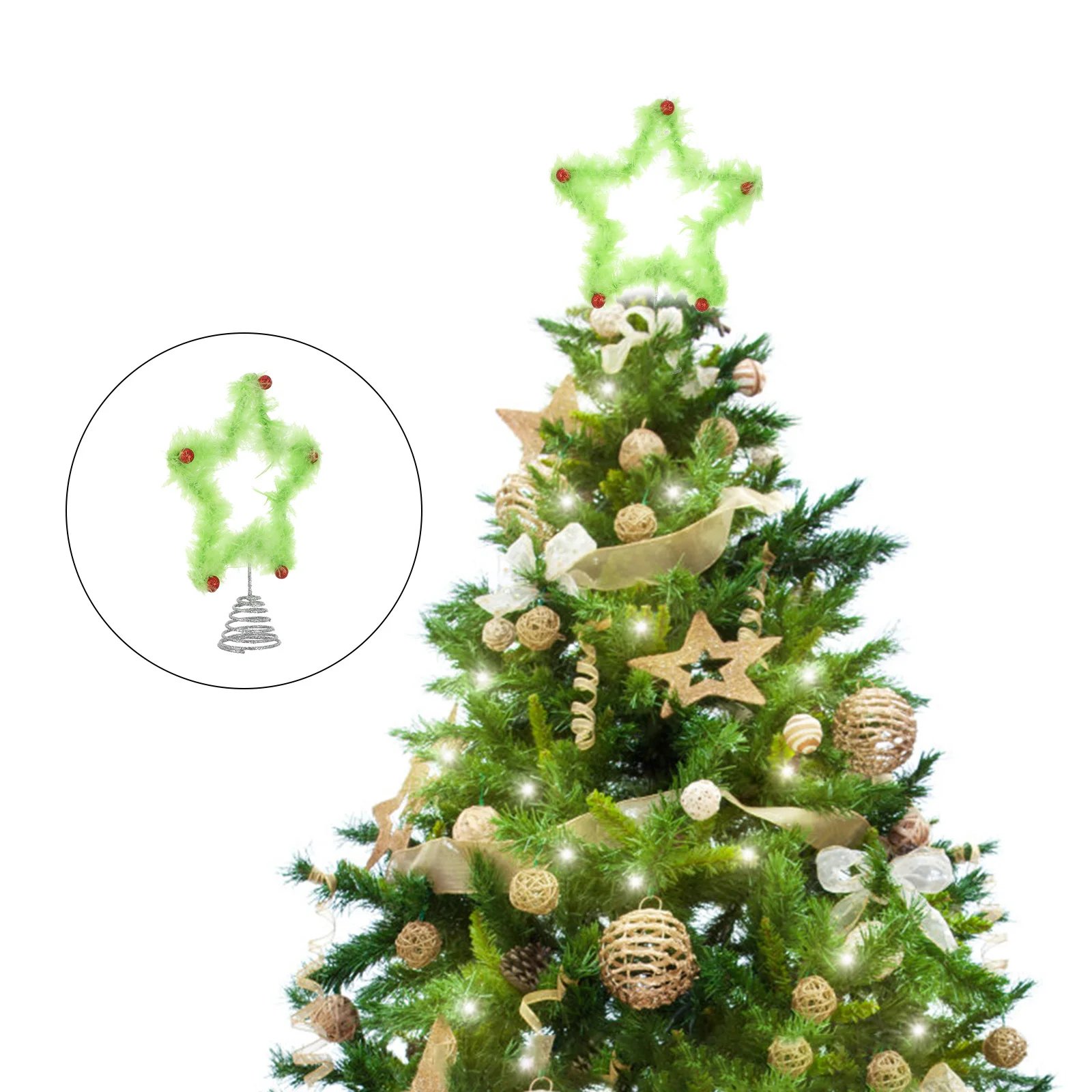 

Star Tree Topper Green Furry Style Christmas Tree Decoration Unique Treetop Ornament for Holiday Season Display