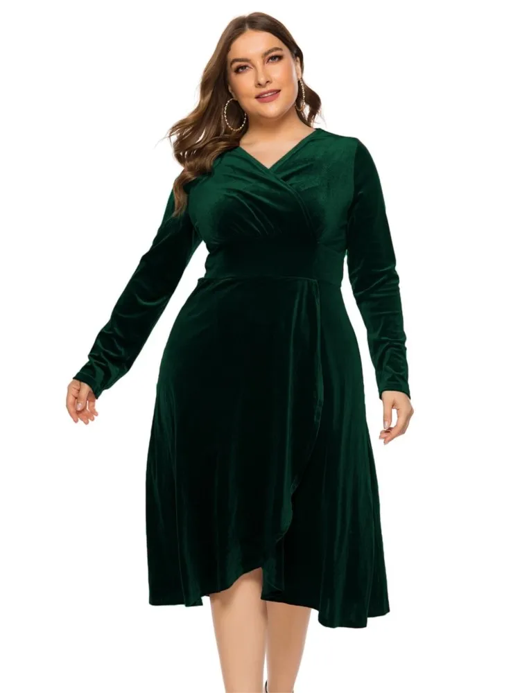 Plus Size Velvet Autumn Mini V-Neck Dress Women Long Sleeve Fashion Ruffle Pleated Loose Ladies Dresses High Waist Woman Dress