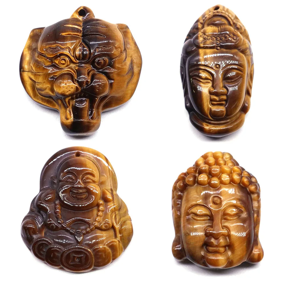 Natural Stone Yellow Tiger Eye Maitreya Buddha Guanyi Tiger Head Pendant for Jewellery Making DIY Necklace Amulet Fengshui Gifts