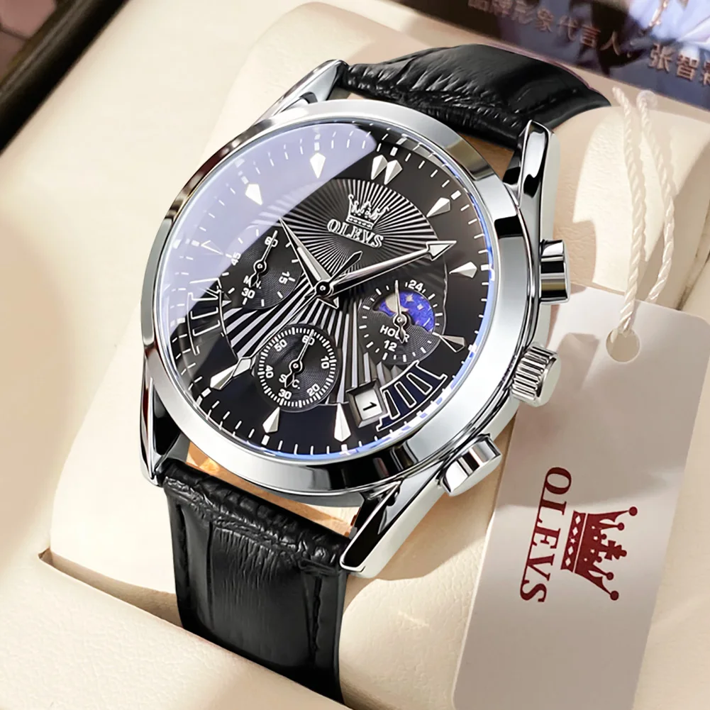 

OLEVS Top Brnad Men's Watches Personalized Fashion Multifunction Chronograph Waterproof Leather Strap Moon Phase Date Reloj