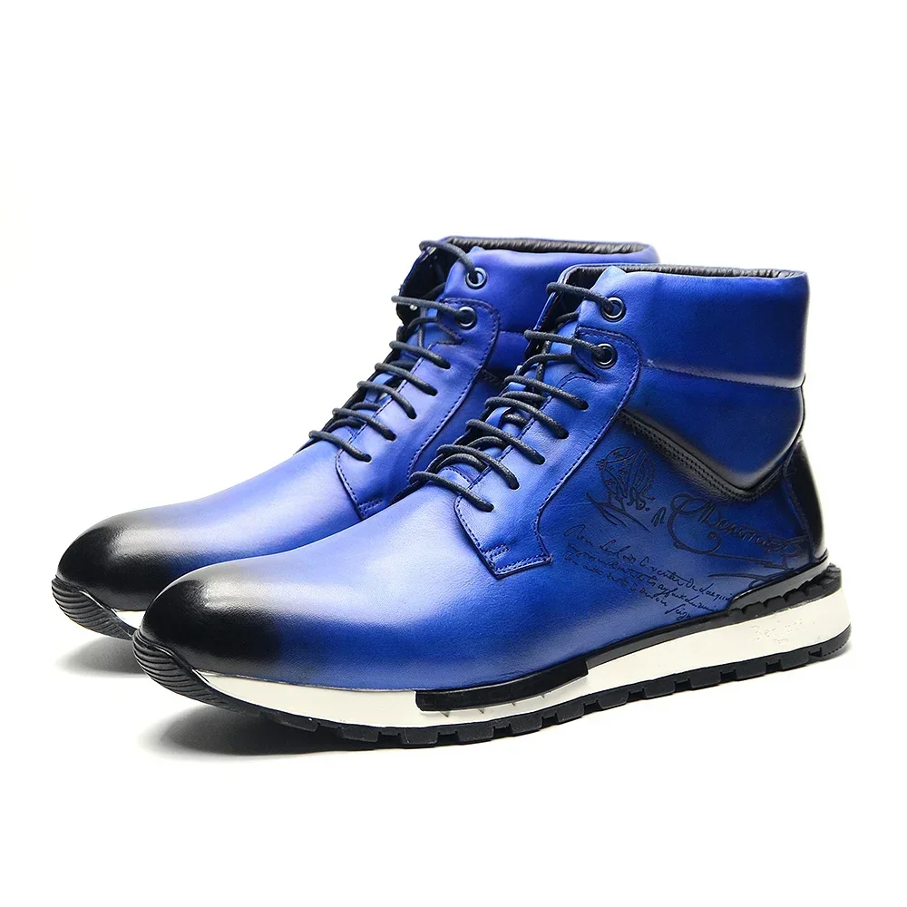 Luxury Brand Designer Men's Winter Ankle Boots Genuine Leather Lace-Up High Top Flat Sneakers Street Style Casual Shoes for Men