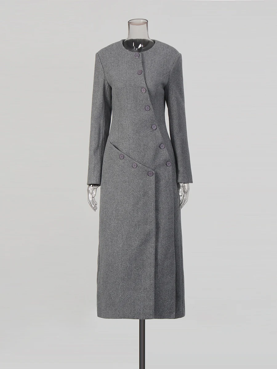 VGH French Style Solid Temperament Trench For Women Round Neck Long Sleeve Spliced Button Autumn Slimming Casual Coat Female New