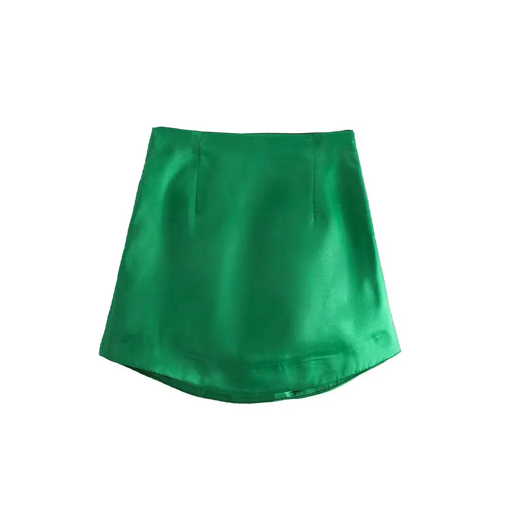 Duoperi moda feminina sólido cetim mini saia de cintura alta zíper lateral skort chique senhora saias curtas