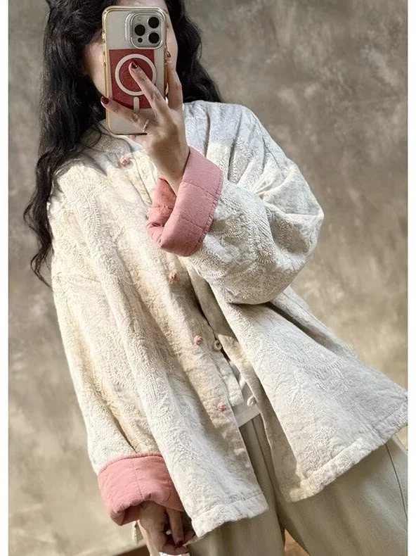 Thiened Embroidered Cotton Jaet Women's Winter New Chinese Sle Retro Button Stand Collar Warm Cotton Coat Outerwear