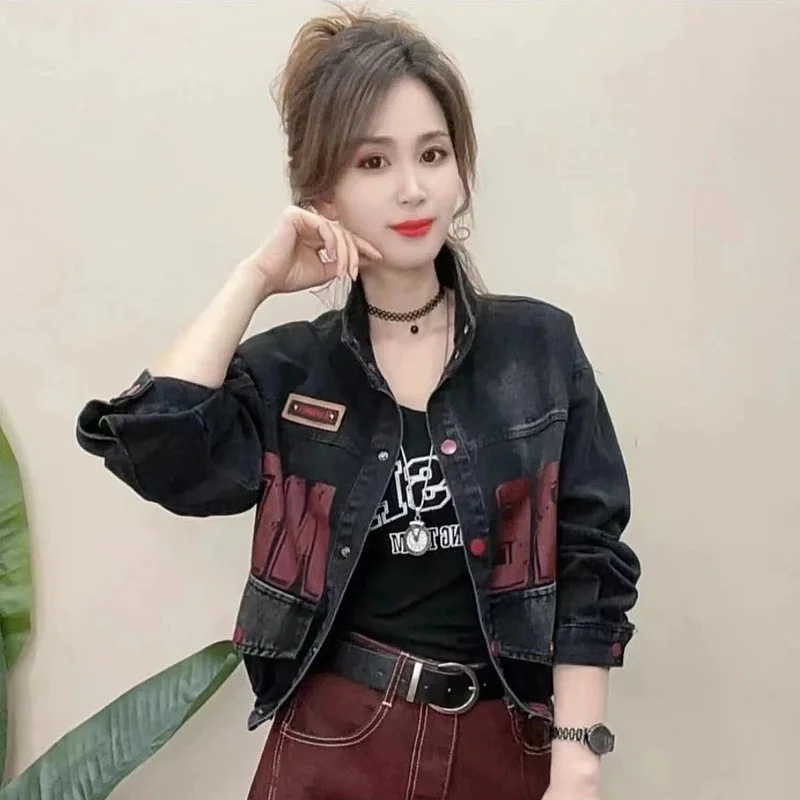 

Spring Autumn Denim Jaet Women Loose Fit Dstring Adjustable Anti-Aging Outerwear Versatile Slimming Casual Top