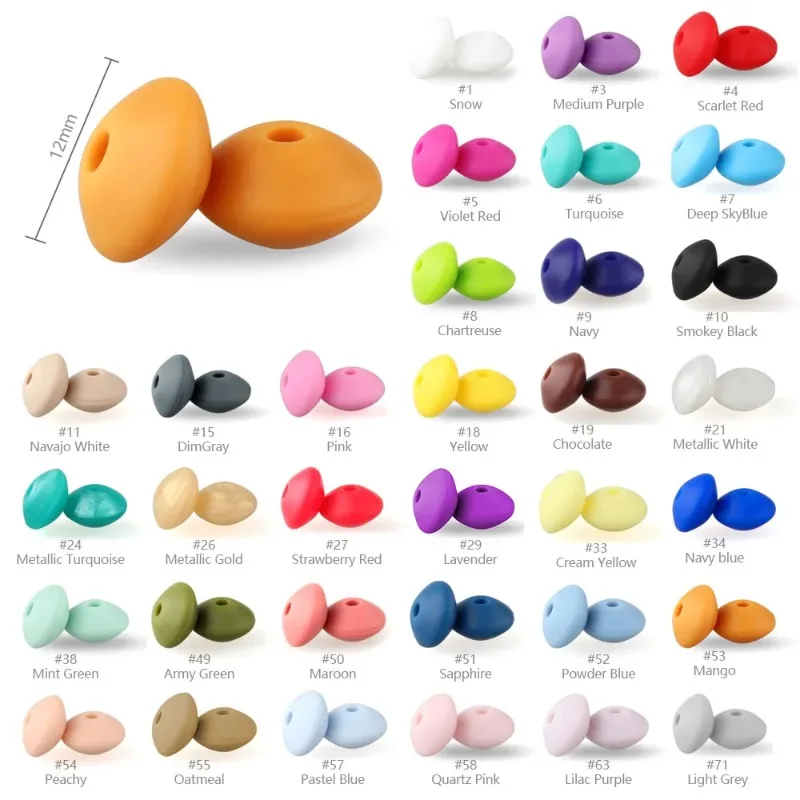 

50pcs 12mm lentil beads silicone perle teething diy food grade baby silicone abacus biter bead teething necklace nursing toy