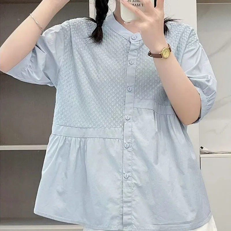 2023 Casual Sweet Solid Color Blouse Female Single-breasted Korean Loose Patchwork O-Neck Summer Half Sleeve Asymmetrical Shirt