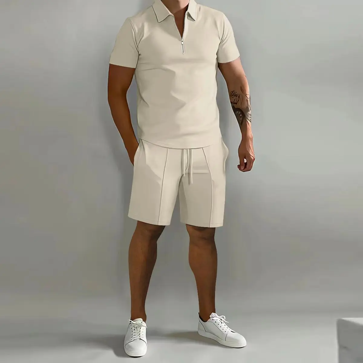 Herrenanzug, einfarbig, Poloshirt, Revers, vertikale Streifenhose, Kurzarm-Shorts, sportlich, lässig, locker, modisch, Herrenbekleidung