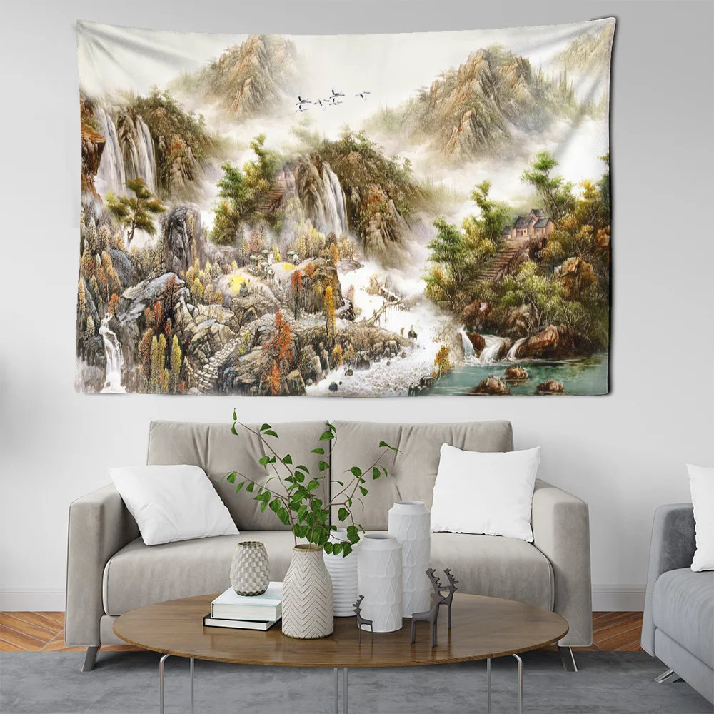 Chinese Landscape Painting Tapestry Places Of Interest Majestic Waterfall Auspicious Dorm Bedroom Wall Decoration Decor House