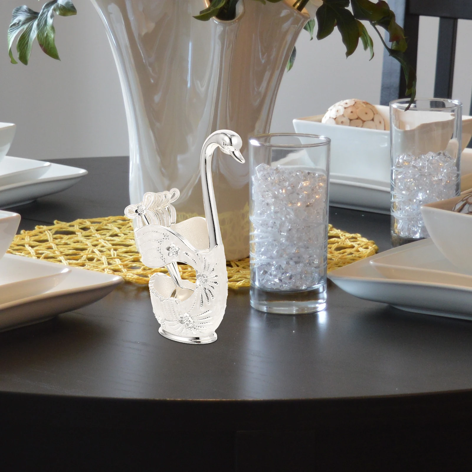 

1 set Swan Dessert Spoon Set Alloy Base Stand Decorative Coffee Spoons Cutlery Rack Holder Easy Clean Creative Shape Kitchen