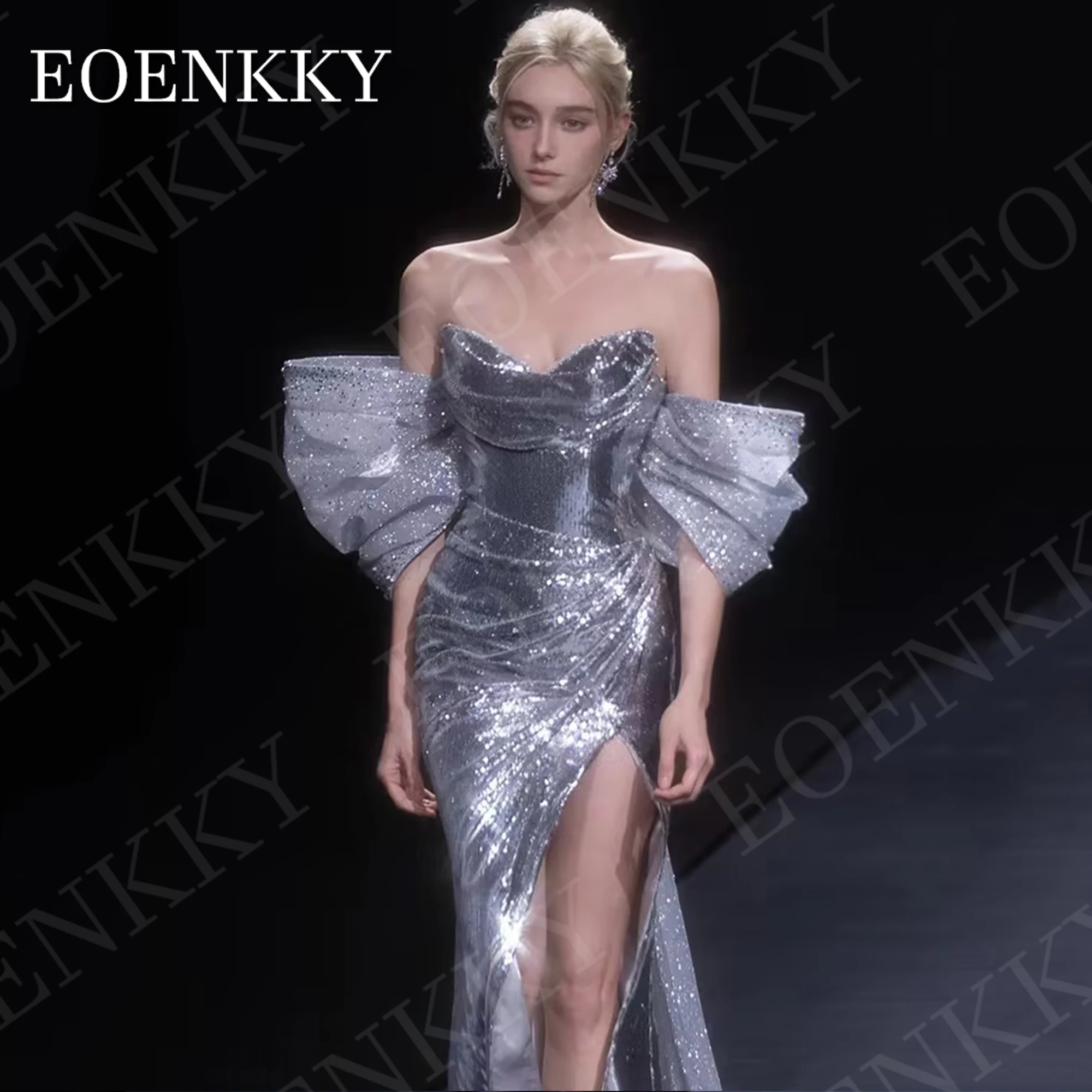 EOENKKY Elegant Sequin Evening Dress Luxury Off Shoulder Sparkly Mermaid Side Split Formal Party Dresses Silver Customized Women