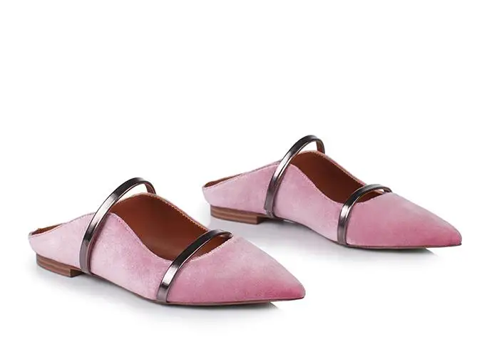 Ink green Pink velvet Double Straps Flat Slipper Silk Pointed  toe Leisure Mules Woman Street Fashion Slide Shoes