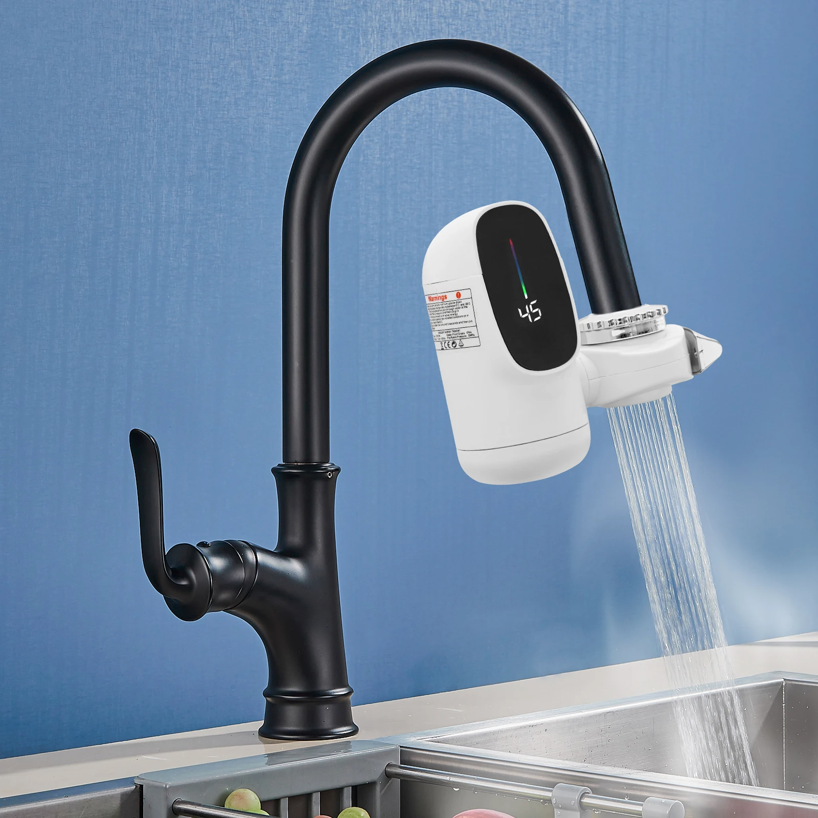 صنبور الماء الساخن الفوري مع شاشة LED 30-60 ℃ /86-140 ° F صنبور الماء الساخن للحمام والمطبخ، سخان مياه فوري للتركيب العمودي