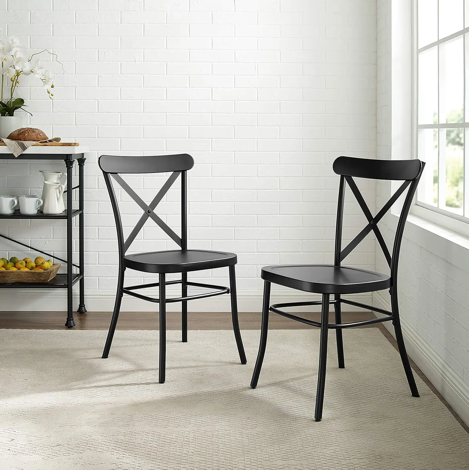 Metal X Back Café Dining Chairs Set of 2, Matte Black