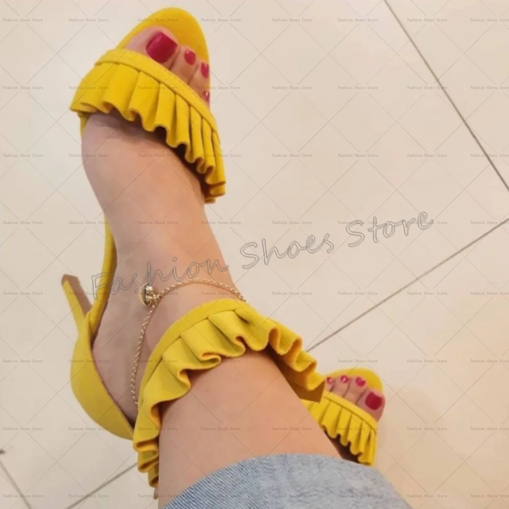 

Yellow Ruffles Open Toe Sandals Round Toe Fashion Women Shoes Stilettos High Heels Party Banquet Dating 2025 Zapatos Para Mujere