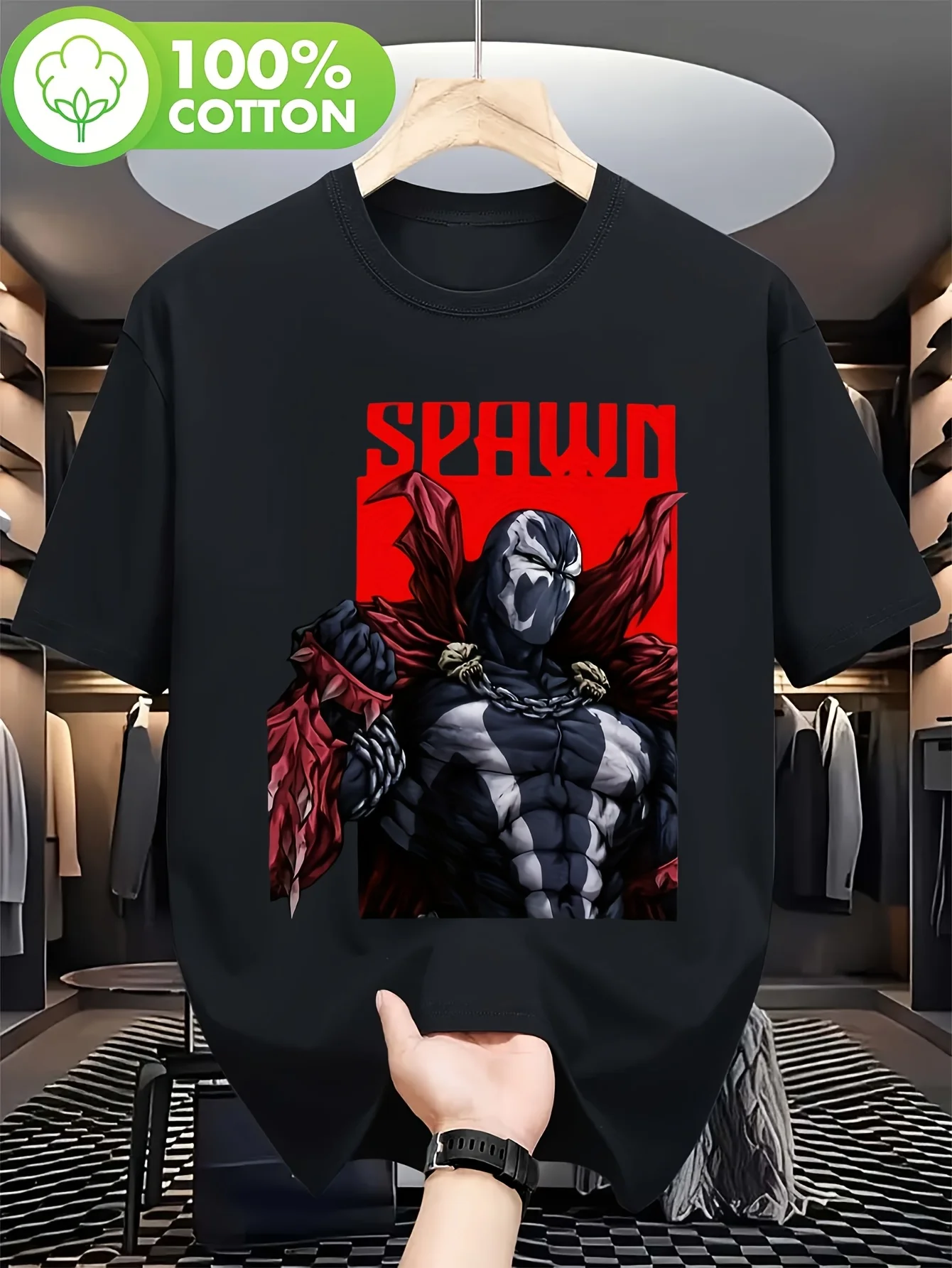 Summer Hot Selling Spawn Pattern T-shirt - Black Anime Shirt, Red Highlights - Durable Casual Wear