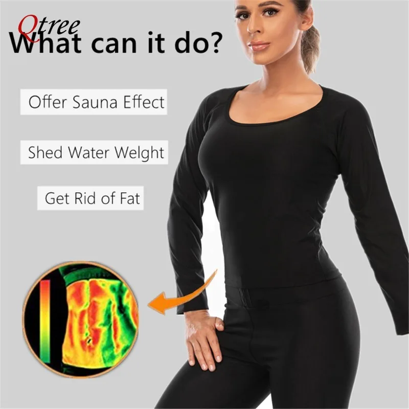 Qtree Body Shaper Sauna Suits Sweat Slimming Waist Trainer Koszula z długim rękawem Kobiety Trening Tummy Control Belly Trimmer Slim Tops