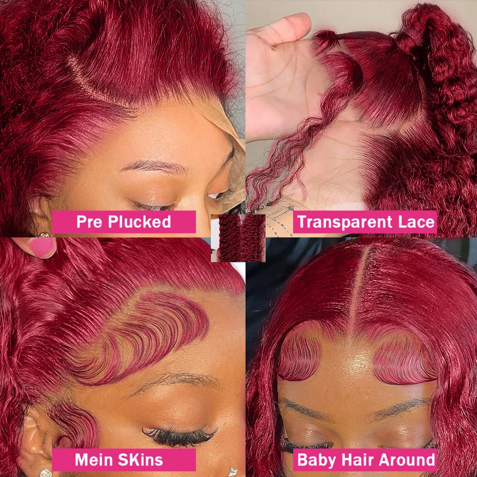 13x6 Transparent 99J Red Wig Burgandy Curly Lace Frontal Human Hair Wigs Deep Wave 13x4 Lace Frontal Wig Colored Wig