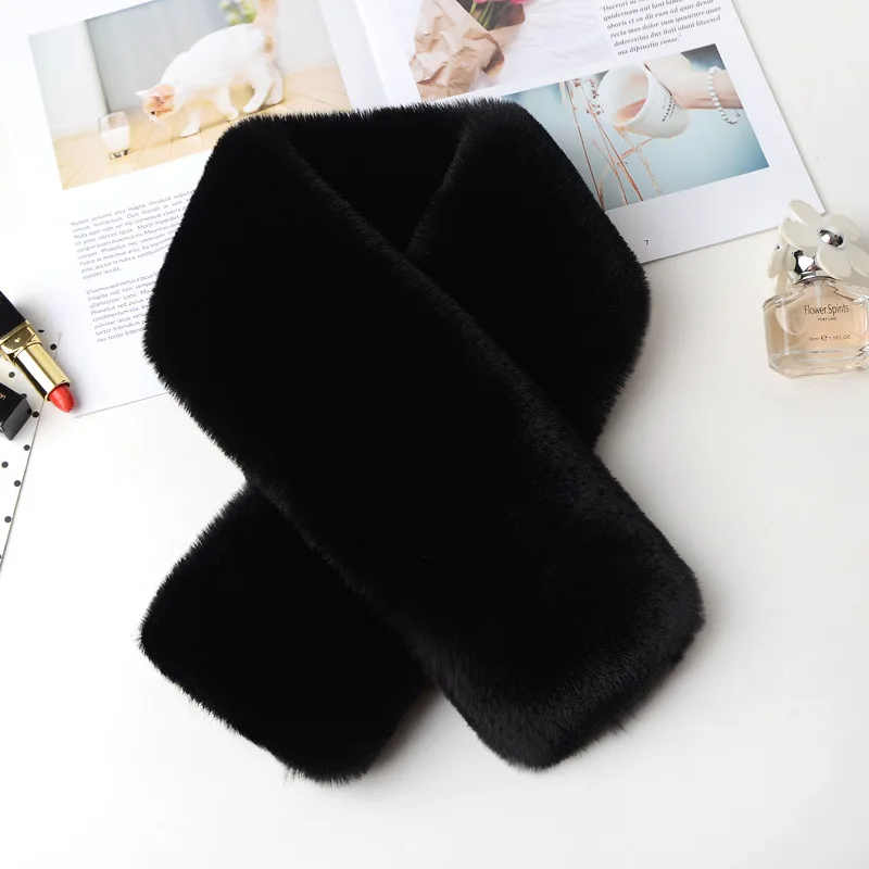 Korean Woman Thick Cross Neck Protection Faux Rex Rabbit  Fur Plush Scarf Winter Outdoor Knit Collar Double Sided Warm Shawl T61