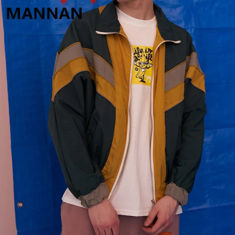 MANNAN-Veste coupe-vent patchwork avec fermeture éclair, streetwear hip hop vintage, chemises de documents multicolores, survêtement décontracté,