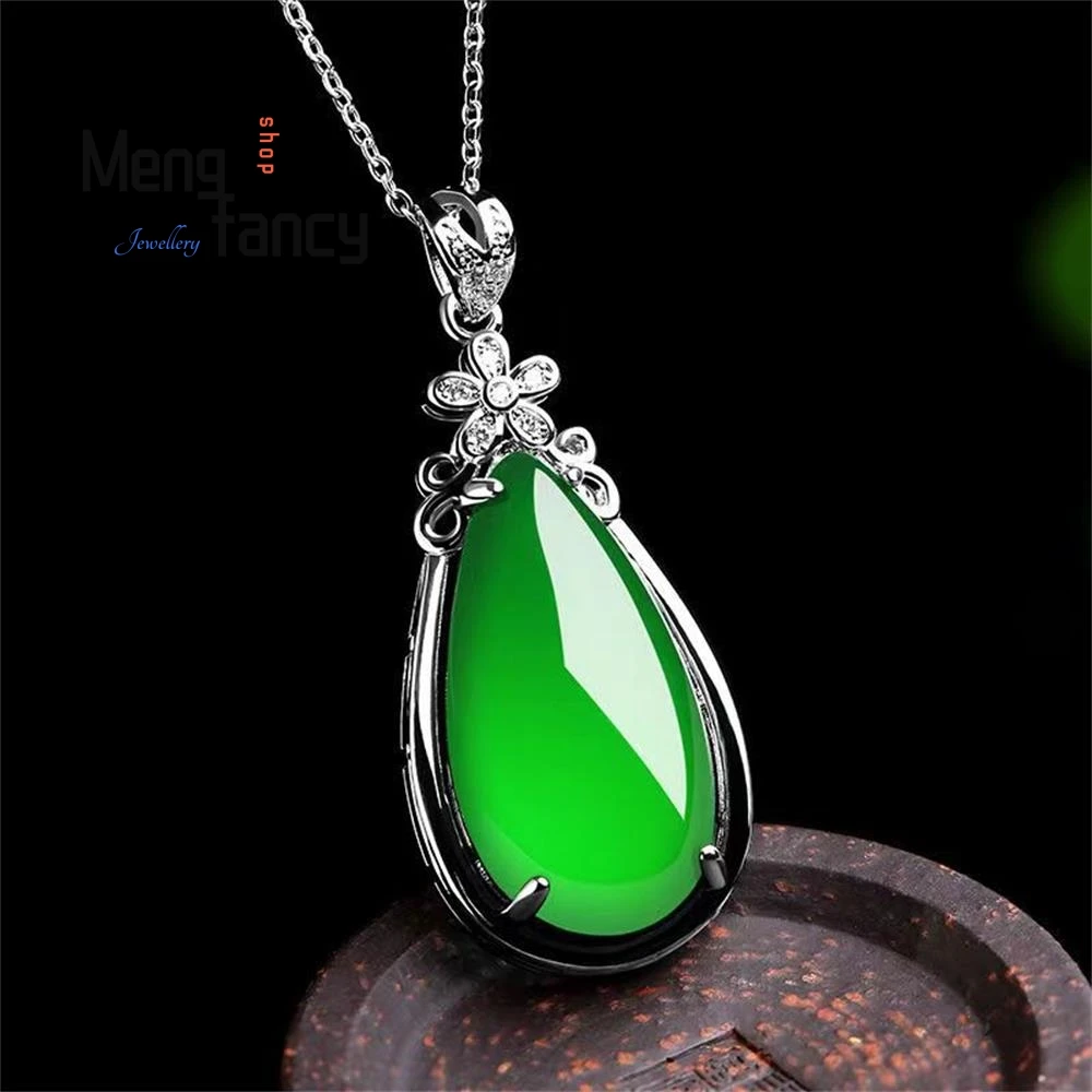 

S925 Silver Natural New Tide Green Chalcedony Water Drop Pendant Exquisite Elegant High-grade Luxury Quality Fashion Jewelry