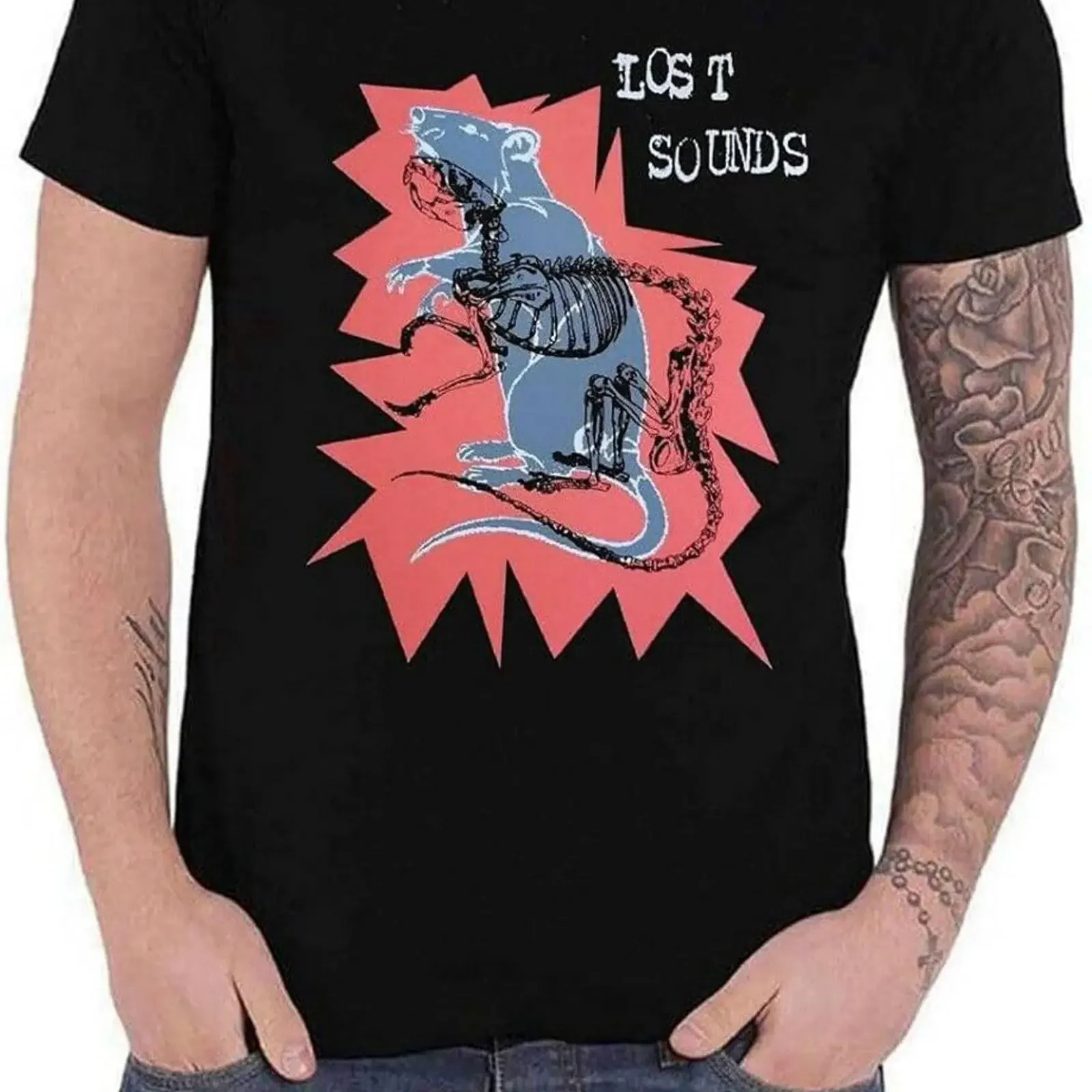 Mens T Shirt Black Color Lost Sounds Mouse Theme Punk Fashion NWT vintage Washed Casual Breathable Stylish streetwear Versatile