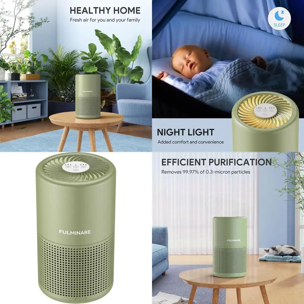 

Компактный очиститель воздуха H13 HEPA с 3 режимами скорости, таймером, ультратихой работой (24 дБ), ночником, цвет шалфейно-зеленый, для спальни