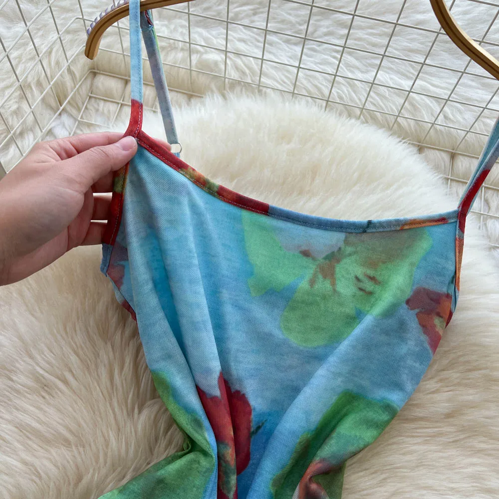 Chic vintage print mesh backless Ruched Elegant dress Fairy korean fashion Boho Sundress women clothing