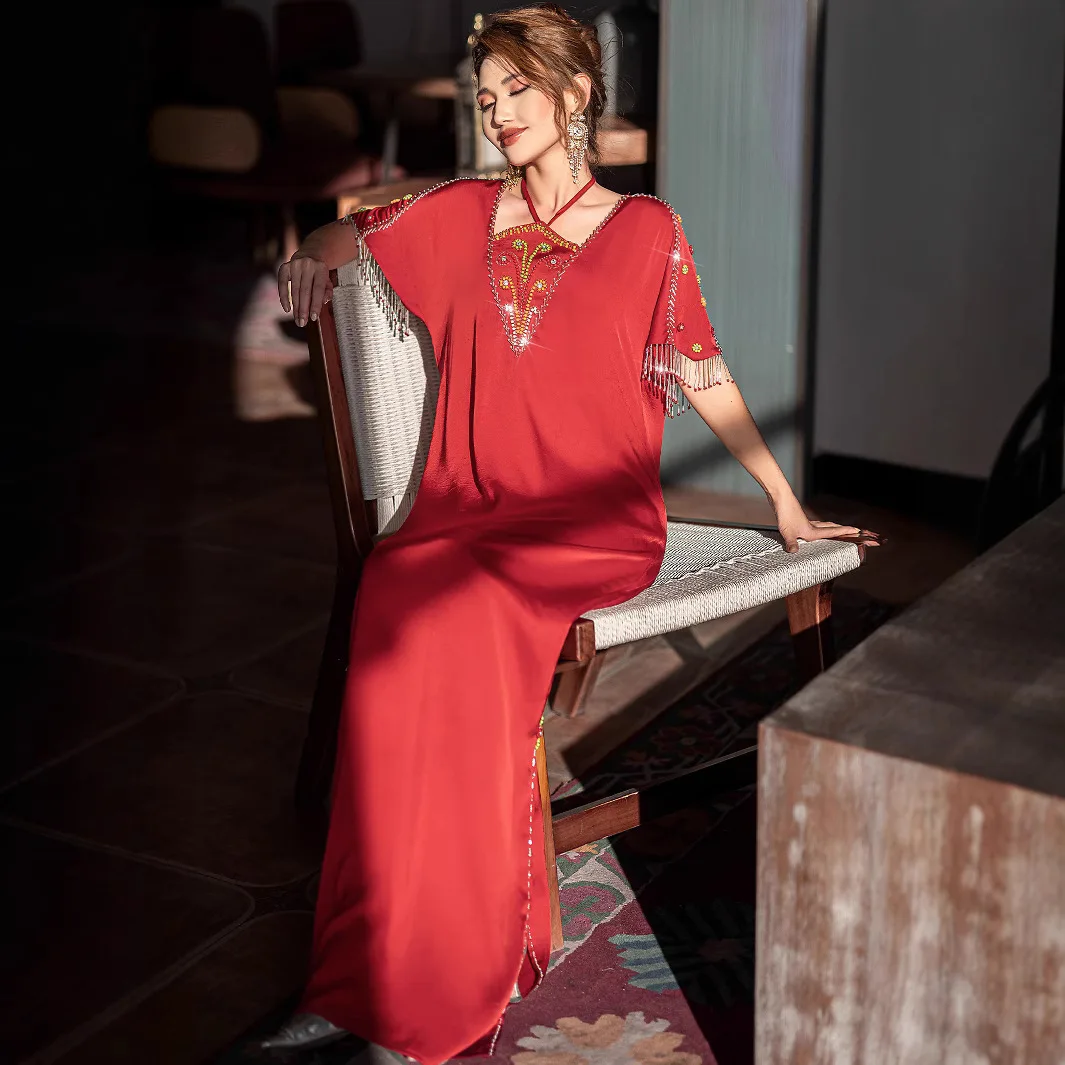 Ba5182 Rote Robe Handgemachte Stickerei Quaste Mode Neckholder Split Saum Kleid Robe Abaya Ramadan Dubai Luxus Islam Elegant