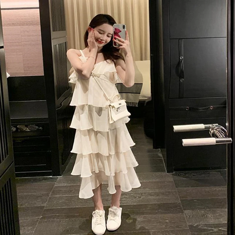 

Fashion Sweet Female Fairy Suspender Dress Sexy Women Summer Cake Tiered Dress White Black Slim Fit Beach Holiday Vestidos