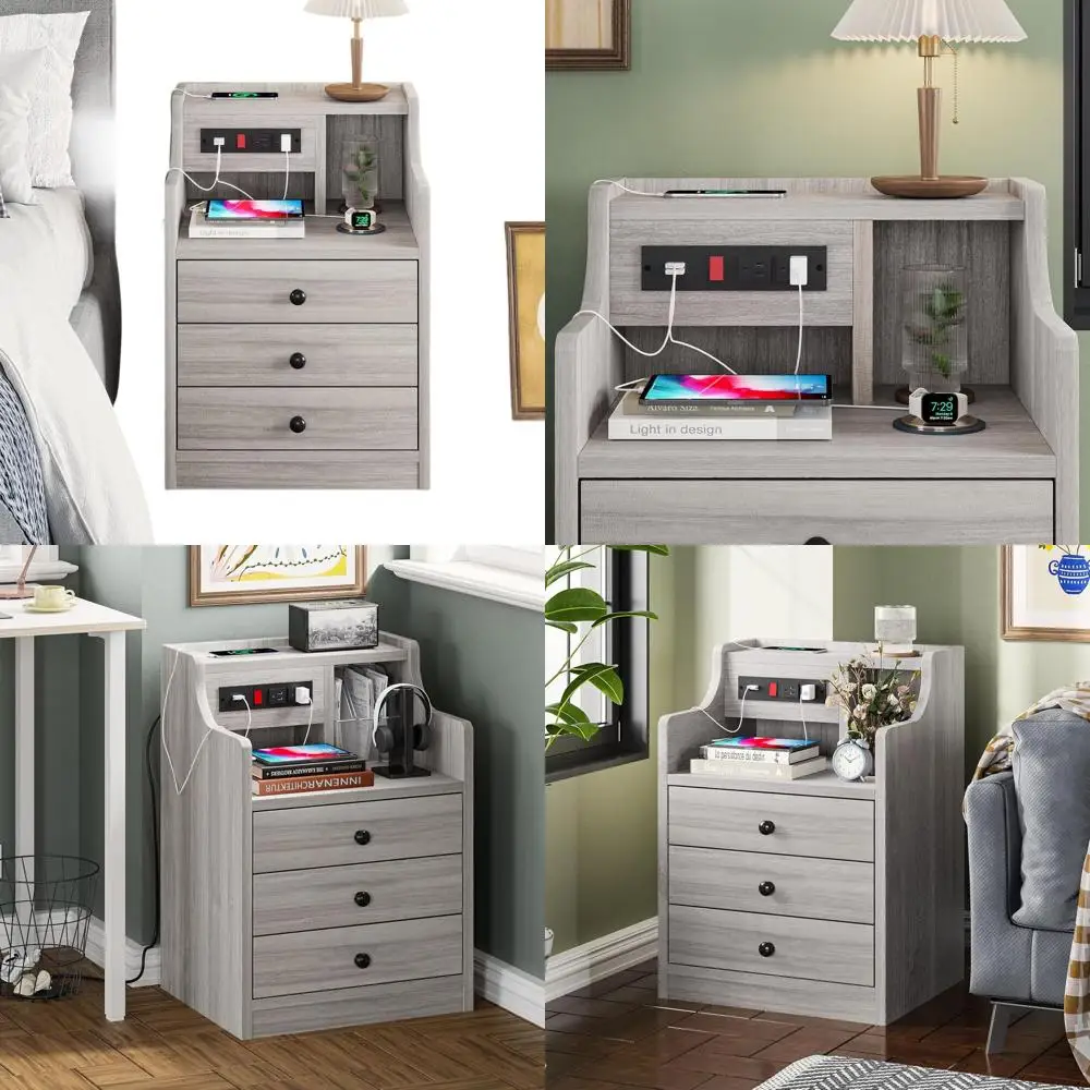 

Grey Charging Station Nightstand with Storage Drawers & Hutch for Bedroom