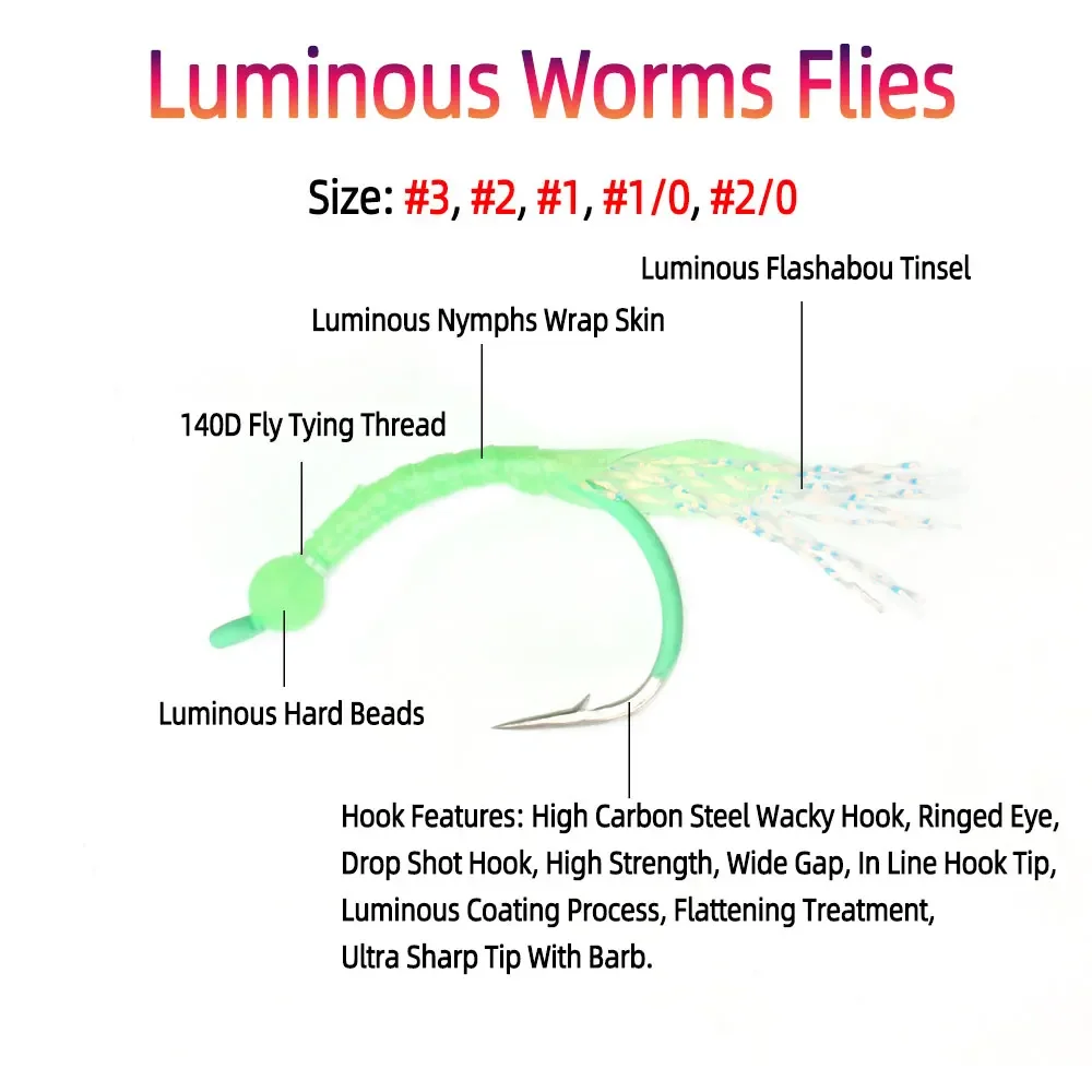 Bimoo 6PCS #3 #2 #1 #1/0 #2/0 Luminous Worms Flies With Glow Wacky Hook Bead Head Wet Flies For Yellow Croaker Sea Fishing Lures