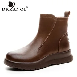 DRKANOL Autumn Winter Warm Plush Snow Boots Women Real Cowhide Round Toe Side Zipper Thick Bottom Platform Wedges Ankle Boots