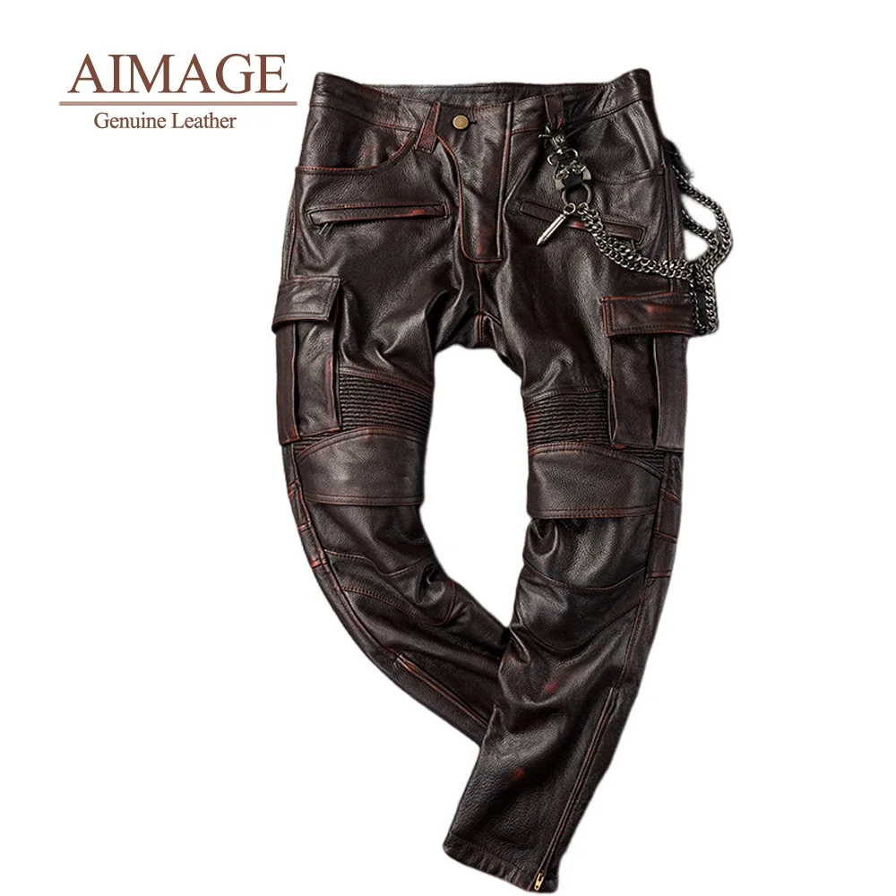 

Men Vintage Cowhide Leather Pants Multi Pockets Pantalones De Cuero Moto Ride Pantalon Cuir Travel Windproof Latex Homme PY416