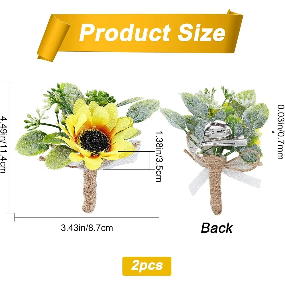 2pcs Sunflower Boutonniere for Men Wedding, Yellow Groom Boutonniere with Pins Boutonniere Buttonholes Groom Groomsman Brooch