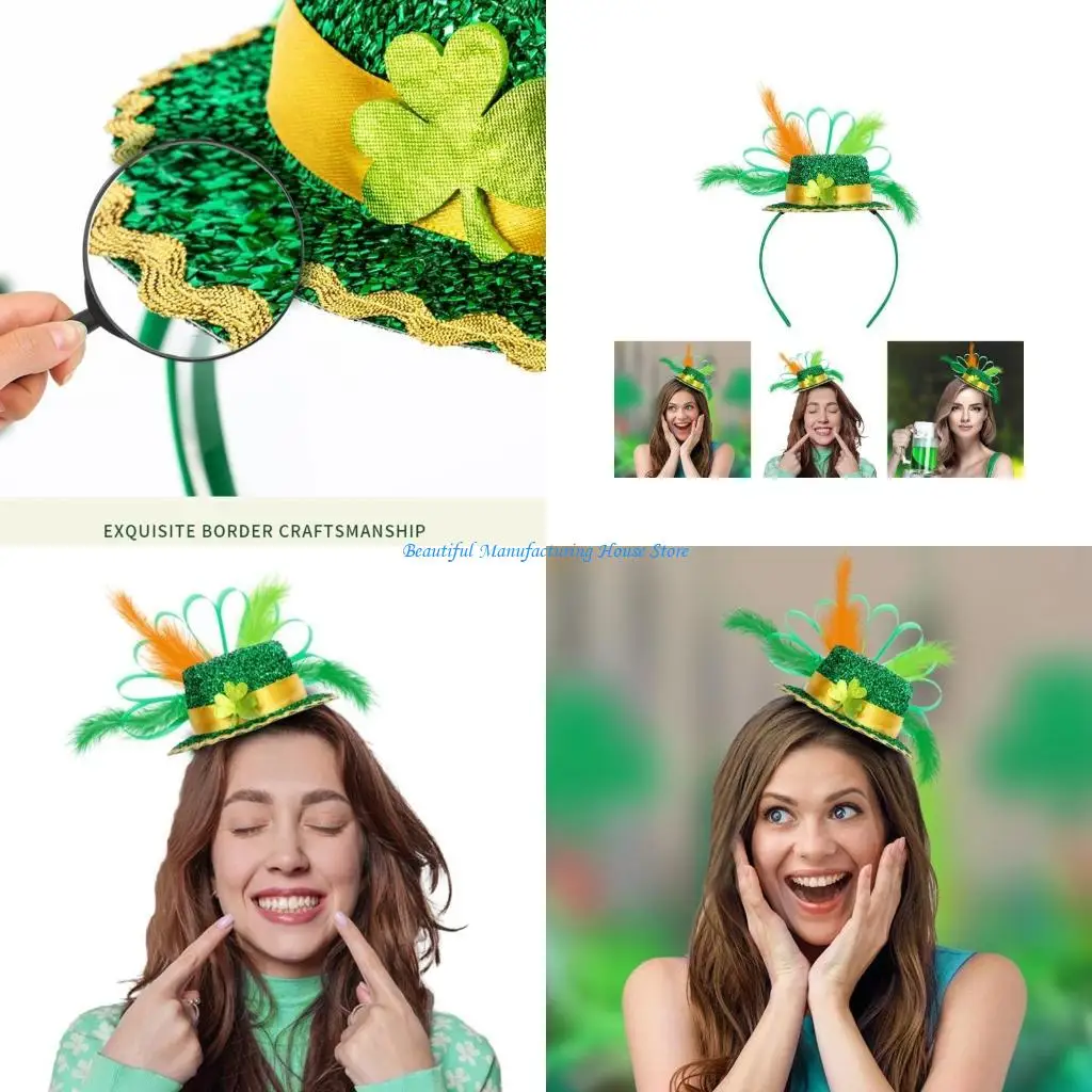 

E56A StPatrick Day Sequins Hat Headband Green Hat Hair Hoop Music Festival Headdress