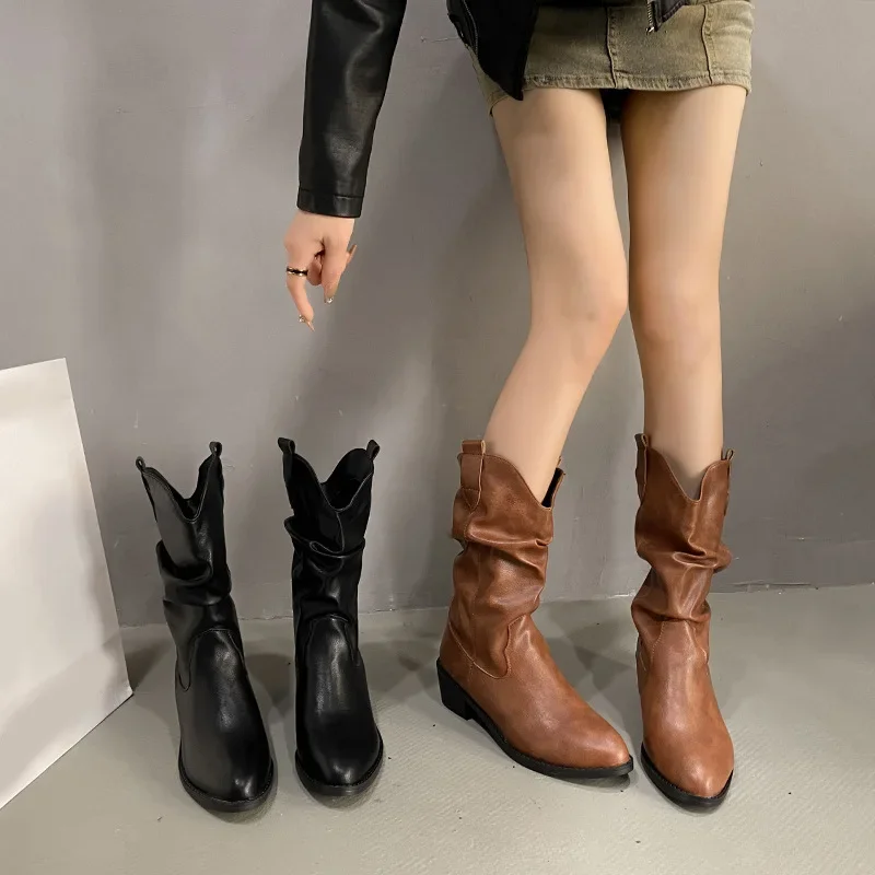 

2024 Hot New Retro Western Cowboy Boots Knee-short Brown Pointy Chunky Heels Fashion Women's Boots