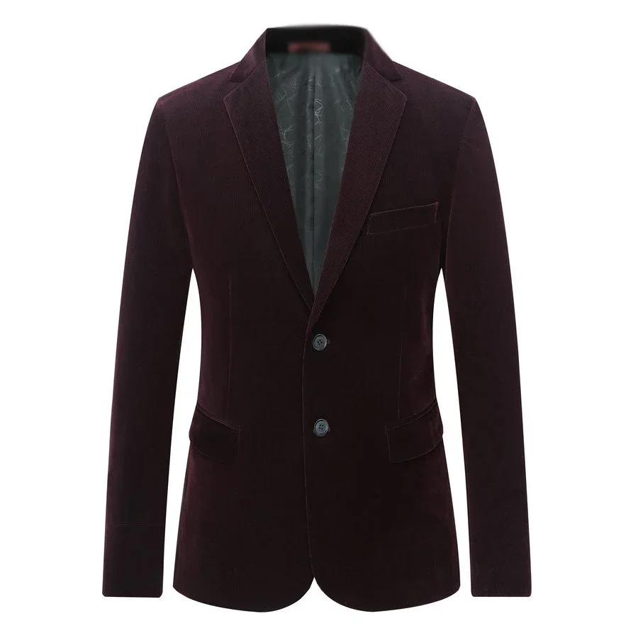 Men Smart Casual Corduroy Blazer Navy Blue Camel Claret-Red Striped Velvet Suit Jacket Autumn Spring Notched Collar Outfit Male