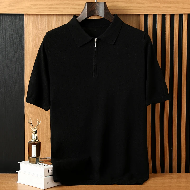 Men's Summer Pullover Short Sleeved T-Shirt Solid Color Half Zipper POLO Sweater Spun Wool Soft Breathable Loose Thin Casual Top