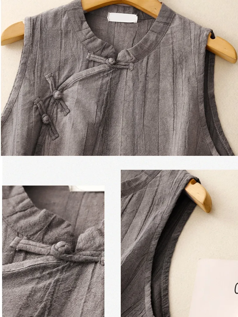 夏用コットンリネン染めベスト レディース チャイニーズスタイル 国風 スタンドカラー トップス リネン 快適 多用途 ベスト