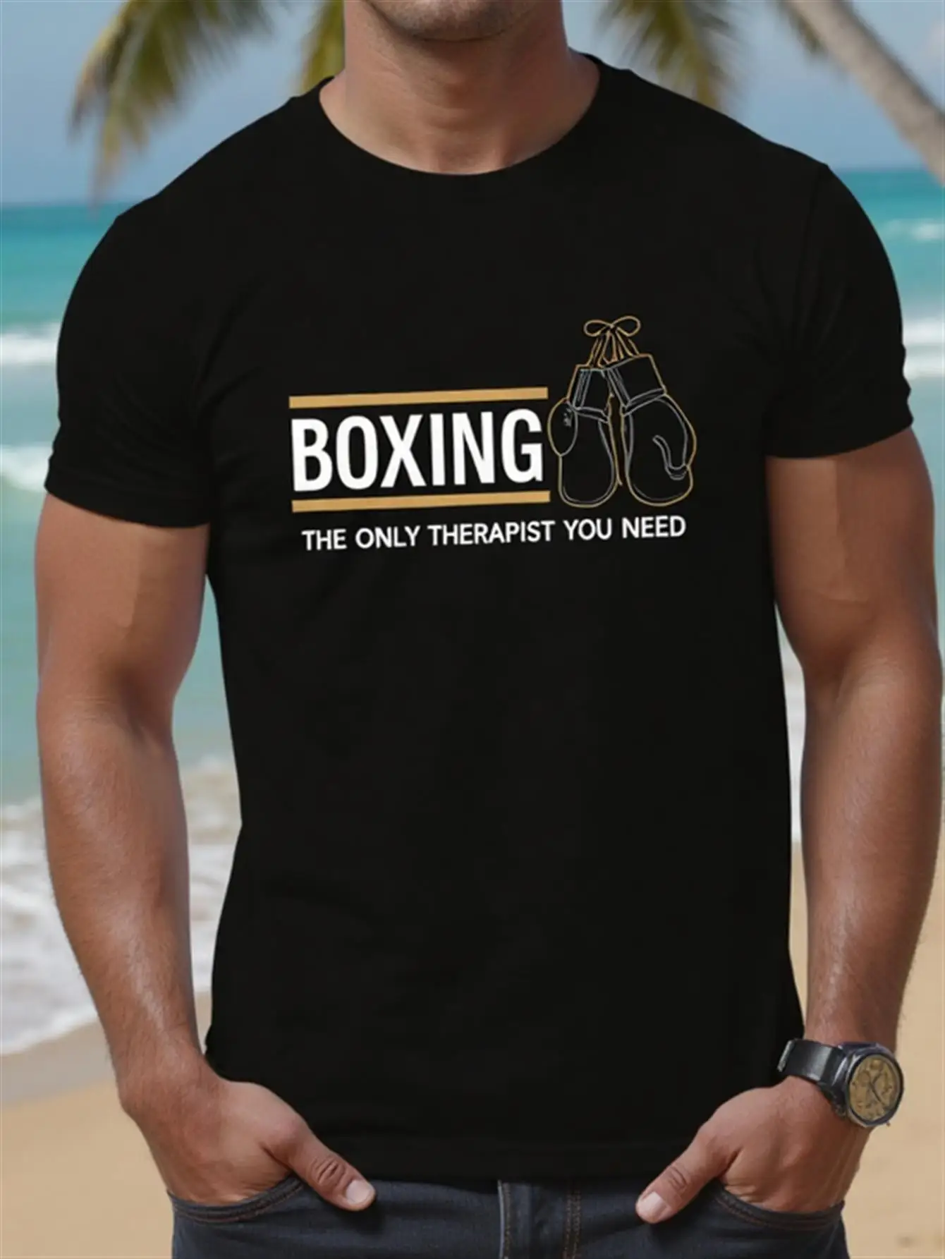 

Men's Boxing Graphic T-Shirt Boxing: the Only Relaxation You Need Design Boxing Gloves and Ocean View Casual Short Sleeve Regular Fit Suitable for All Seasons Perfect Gift for Sports Fans Boxing Shirt Pure Cotton Muscle Jacket