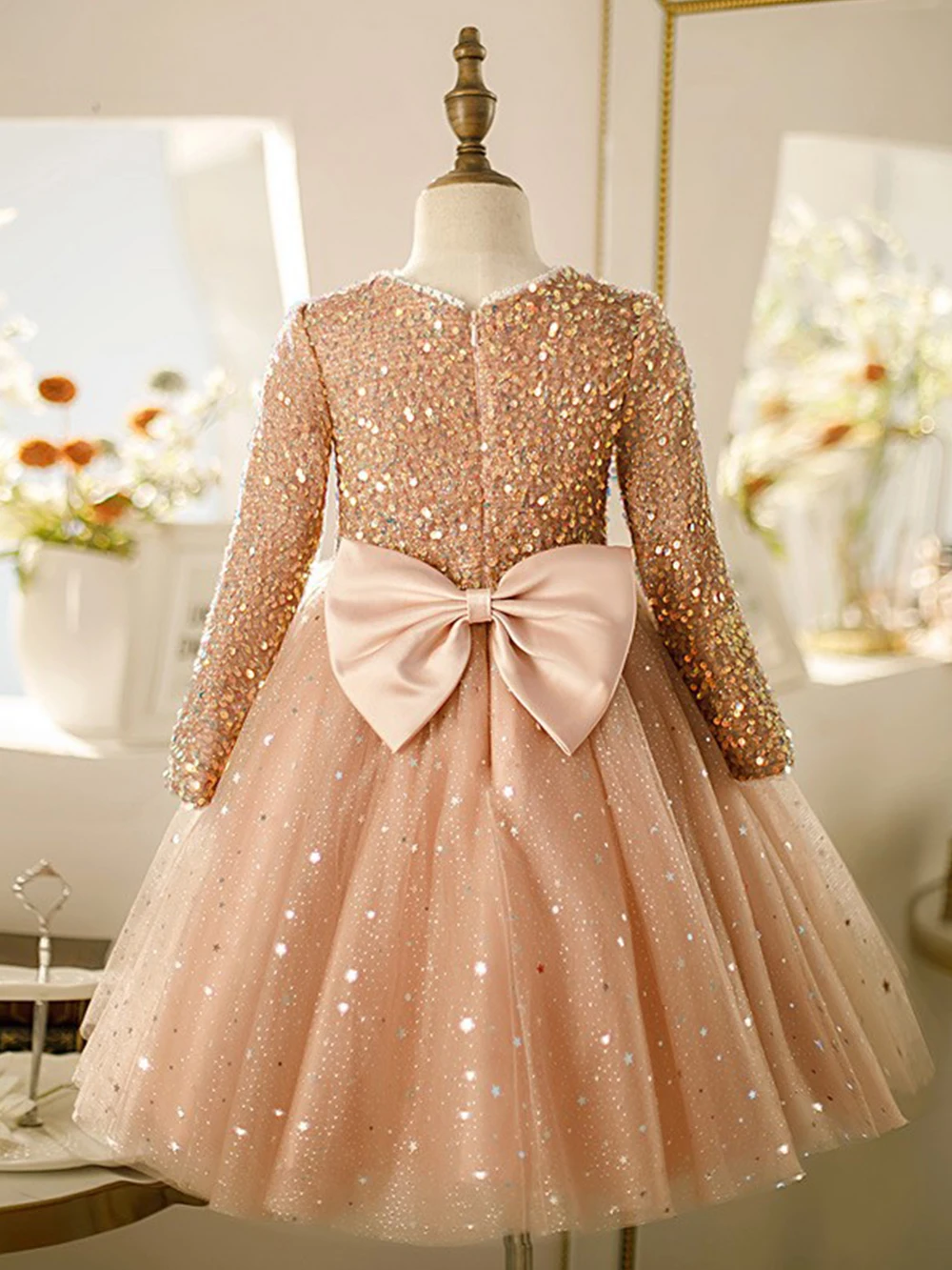 Elegant Dress For Girls Long Sleeve Sequin Top+Yarn Puffy Skirt For Girl Ceremony Dress For Wedding