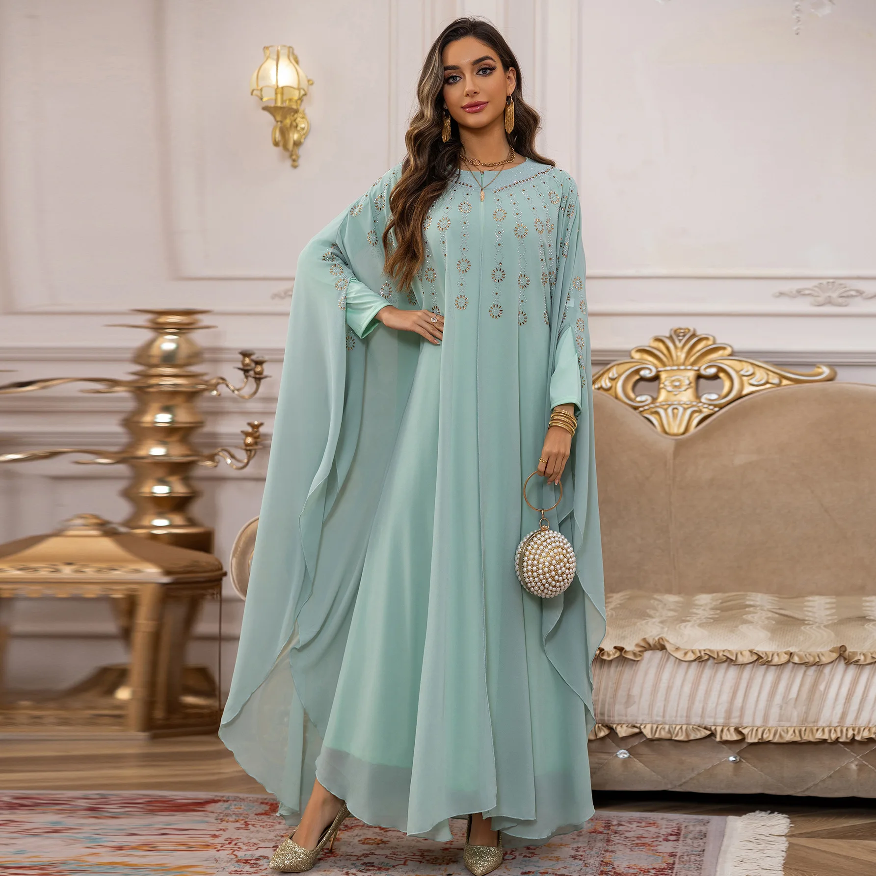 

Eid Chiffon African Dress with Cloak 2 Piece Set Beads Abaya Dubai Muslim Party Long Dresses for Women Caftan Robe 2025 Jalabiya