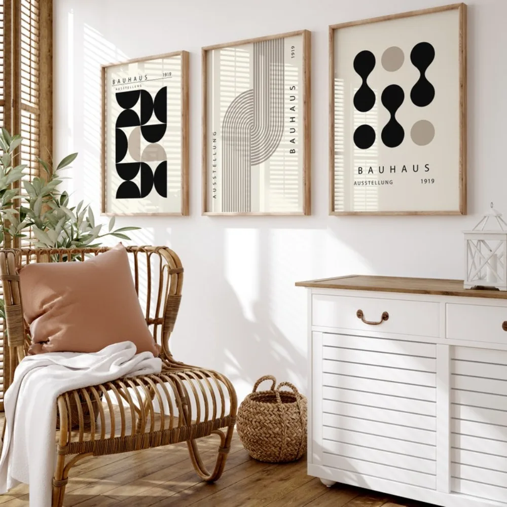 3 Frameless Bauhaus Exhibition Posters,Mid-century Modern Poster,Bauhaus Black Printing,Geometry,Numbers,Living Room Decoration