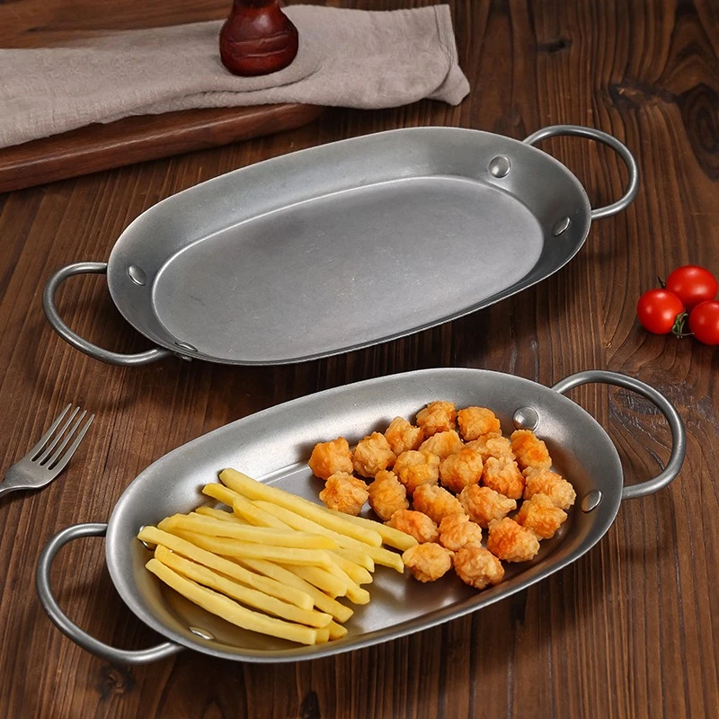 Retro Oval Shaped Seafood Plate Small Barbecue Restaurant Tableware Home Lobster Cheese Western Dish Stainless Steel Fish Plate