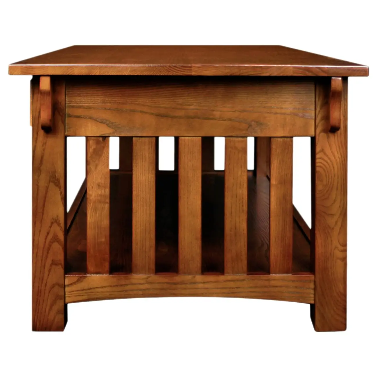 طاولة قهوة، خشب متين مع درجين ورف، لمسة نهائية من خشب البلوط المتوسط، أجهزة سوداء، جوانب شرائحية