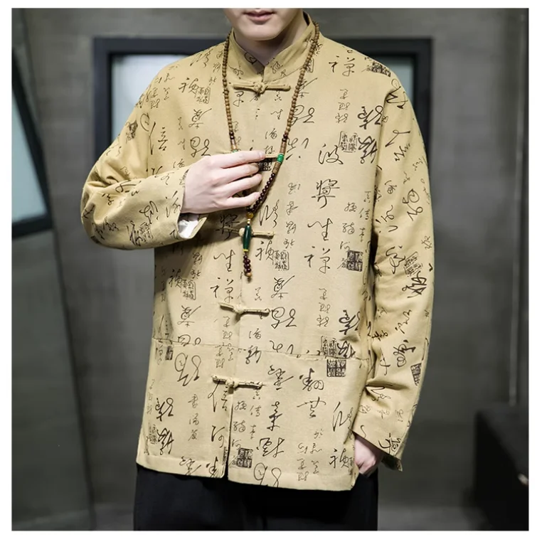 Chinese Style Men Clothing Spring Summer Cotton Linen Jackets for Men Chinese Character Print Jackets y2k Tang Suit Hanfu Coat